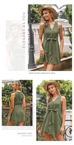 Detail of olive green V-neck dress showing wooden buttons and matching waist tie belt