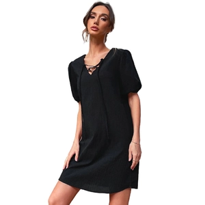 Women's summer black cotton linen loose V-neck dress with puff sleeves and tie waist