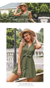 Detail view of army green V-neck sleeveless dress with buttons and waist tie