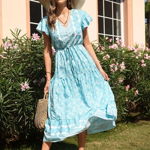 Women's summer V-neck bohemian maxi dress with blue and white floral pattern and ruffles