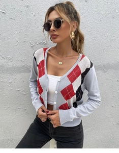 Close-up of slim fit argyle V-neck knit cardigan with three white buttons on a model