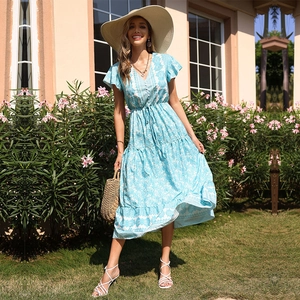 Summer V-neck floral light blue dress with drawstring waist and boho print detailing