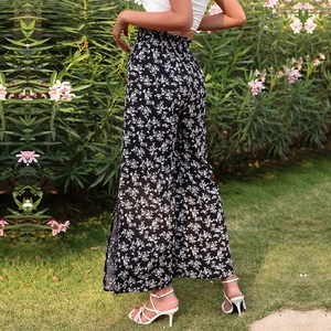 Pantalon évasé femme à taille haute, imprimé floral, fentes latérales et taille élastique