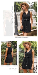 Detail view of black V-neck sleeveless dress with front buttons and waist tie belt