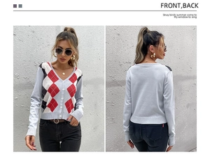 Detail view of the light blue argyle knit cardigan with V-neck and front buttons