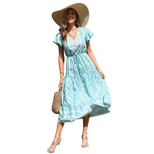 Women's V-neck light blue floral print summer maxi dress with ruffled sleeves and tiered skirt