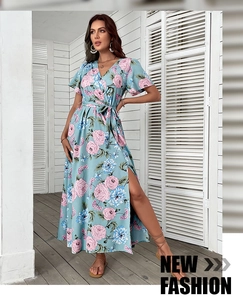 Detail view of the wrap V-neck and waist tie on this floral print summer maxi dress