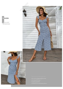 Detail view of a floral summer dress featuring heart neckline and ruffled cap sleeve straps