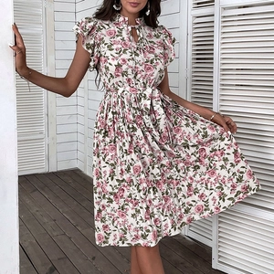 Robe Midi Imprimé Floral Été Femme Élégante Manches à Volants Col Officier Taille Haute Plissé Robe de Plage Vacances