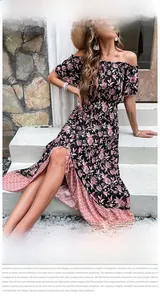 Detail of floral off-shoulder summer dress featuring a high waist and front split design