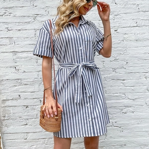Women Casual Striped Shirt Dress Short Sleeve Lapel Neck Button Down Belted Mini A-Line Summer Vacation Fashion Dress