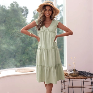 Women's Summer Sage Green V Neck Sleeveless Tiered Midi Dress Casual Cotton Blend Bohemian Loose Cake Sundress