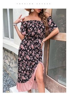 Close-up detail of off-shoulder floral dress with side slit and summer pattern