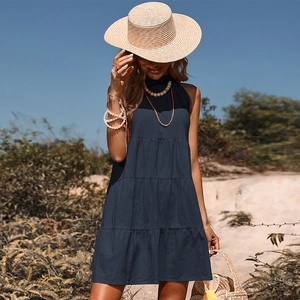 Damen Sommer Boho Neckholder Ärmellos Gestuftes Minikleid Elegant A-Linie Lose Urlaub Strand Party Kleid Mit Schleife