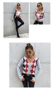 Detail of argyle knit cardigan featuring V-neckline, classic buttons and ribbed cuffs