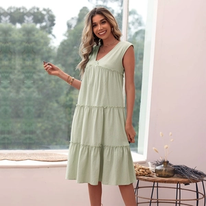 Summer light green sleeveless V-neck tiered maxi dress in breathable cotton linen