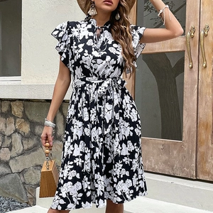 Women's Floral Print Ruffle Sleeve Pleated Midi Dress Tie Neck High Waist A-Line Casual Vacation Summer Party Dress