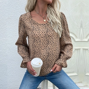 Women's Casual Leopard Print Polka Dot Long Sleeve Blouse Fashion Round Neck Ruffle Cuff Loose Pullover Printed Shirt Top