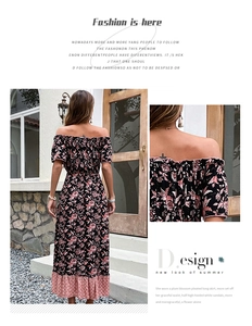 Close-up of off-shoulder neckline and back view of floral midi dress with plaid hem
