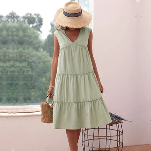 Pale green V-neck sleeveless cotton linen tiered maxi dress with ruffle trim detail