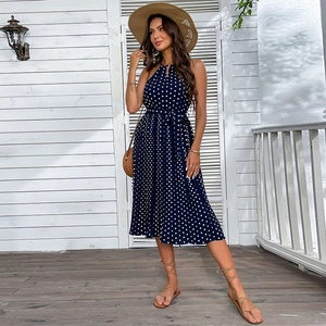 Elegante Vestito Midi da Donna con Scollo all'Americana a Pois Senza Maniche Plissettato Linea A Estate Spiaggia Vacanza Vestito da Festa con Cintura