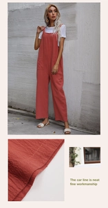 Detailed view of the neat stitching and natural linen texture on the brick red jumpsuit