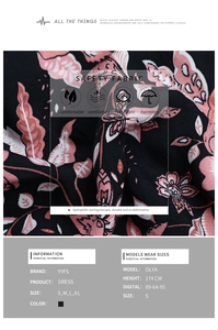 Detail of floral safety fabric showing soft texture and sizing chart for long dress