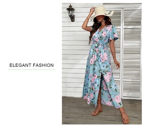 Detail of floral summer dress showing crossover V-neck and ruffled short sleeves