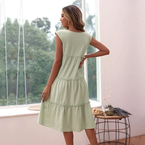 Sage green tiered sleeveless cotton linen midi dress for summer with round neckline
