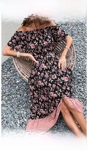 Detail of floral off-shoulder dress with button front and elastic high waist