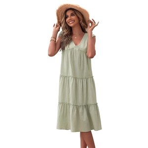 Light green V-neck sleeveless tiered cotton linen summer dress with loose fit design