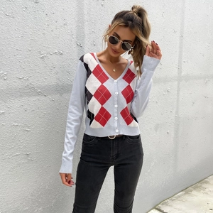 Women's Argyle Knit Cardigan V-Neck Long Sleeve Button Up Vintage Plaid Sweater Top For Casual Wear