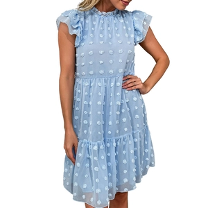 Light blue ruffle chiffon summer dress with sleeveless pom-pom textured tiered skirt