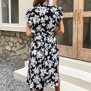 Women floral print pleated midi dress with ruffle sleeves and waist tie back view