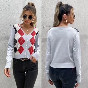 Women's light blue argyle knit cardigan with V-neck and button closure in front and back view