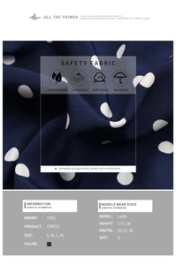 Detail showing the breathable navy blue polka dot fabric texture and sizing information