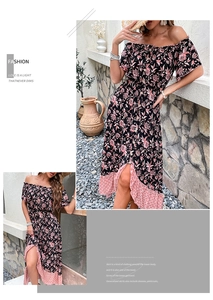 Detail of bohemian off-the-shoulder floral midi dress with high waist and flared hem