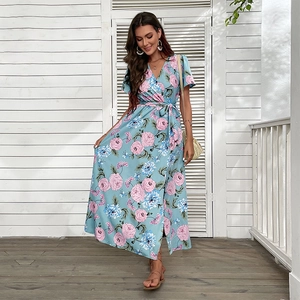 Women Vintage Floral V Neck Wrap Maxi Dress High Waist Short Sleeve Split Hem Summer Beach Vacation Long Dress