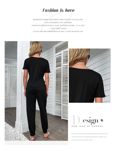 Detailed views of women's black short sleeve t-shirt and matching jogger pants set