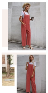 Relaxed fit brick red wide-leg overalls paired with white t-shirt for resort vacation