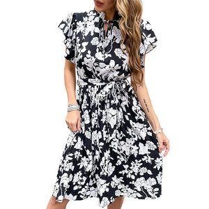 Summer floral print pleated dress for women with ruffle sleeves and waist tie detail