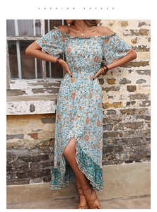 Detail of floral summer dress with off-shoulder ruffle neckline and button accents