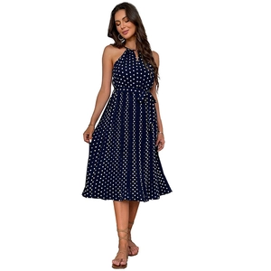 Abito midi blu navy a pois con scollo all'americana e gonna a pieghe chic