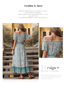 Detail of light blue floral dress with off-shoulder neckline and ruffled hemline