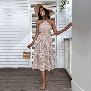 Vestito Midi Donna Estivo Floreale Halter Boho Linea A Senza Maniche Vita Arricciata Volant Balze Vacanza Mare Poliestere