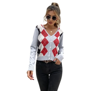 Women's V-neck long sleeve cardigan with red and black argyle pattern and white buttons