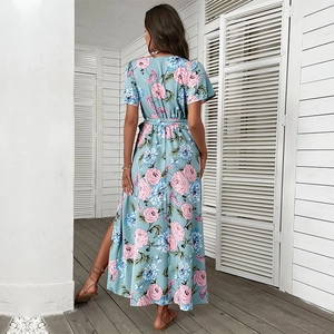 Floral print light blue high waist dress with short sleeves and side slit detail