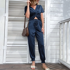 Women Casual V-Neck Short Sleeve Knot Top And Jogger Pants Top And Bottom Fashion Athletic Loungewear Solid Color Outfit