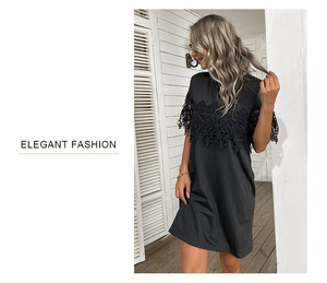 Close-up detail of the elegant floral lace patchwork and hollow out design on the black dress