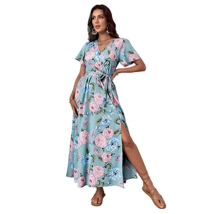 Floral print wrap maxi dress with V-neck, short sleeves and side slit in light blue